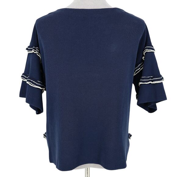 J Crew Top Womens Medium Navy Blue White Ruffle Sweater Cotton Knit Whimsy - Picture 2 of 12